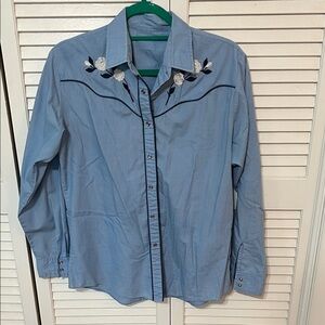 Blue Embroidered Button-Up Shirt